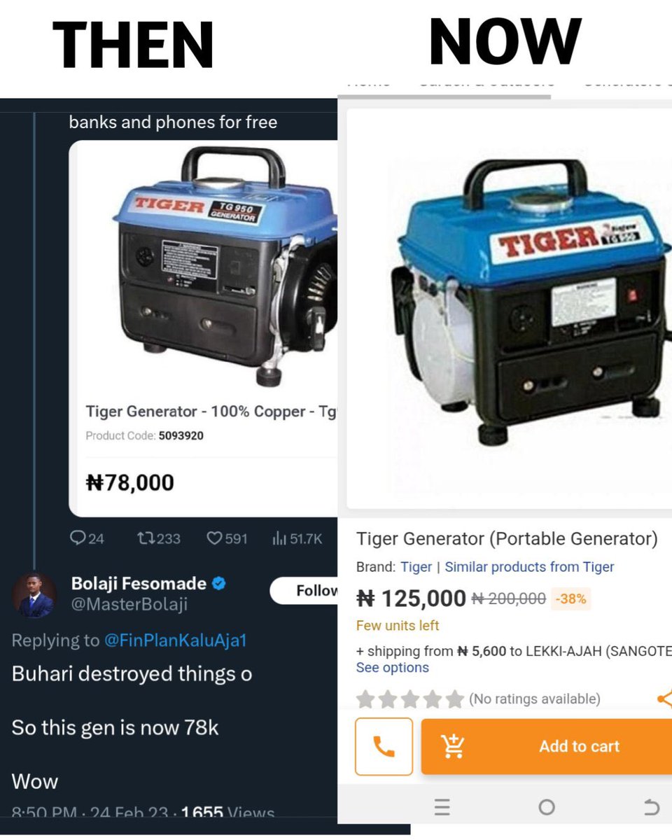 Oloshi wey dey find who him go waste him. The idiot was crying about generator price a few years ago, that Buhari has destroyed the economy.

Check the price of this same generator now. Just 2 years apart. 

Simple question, they won’t answer. They want open a space to waste your