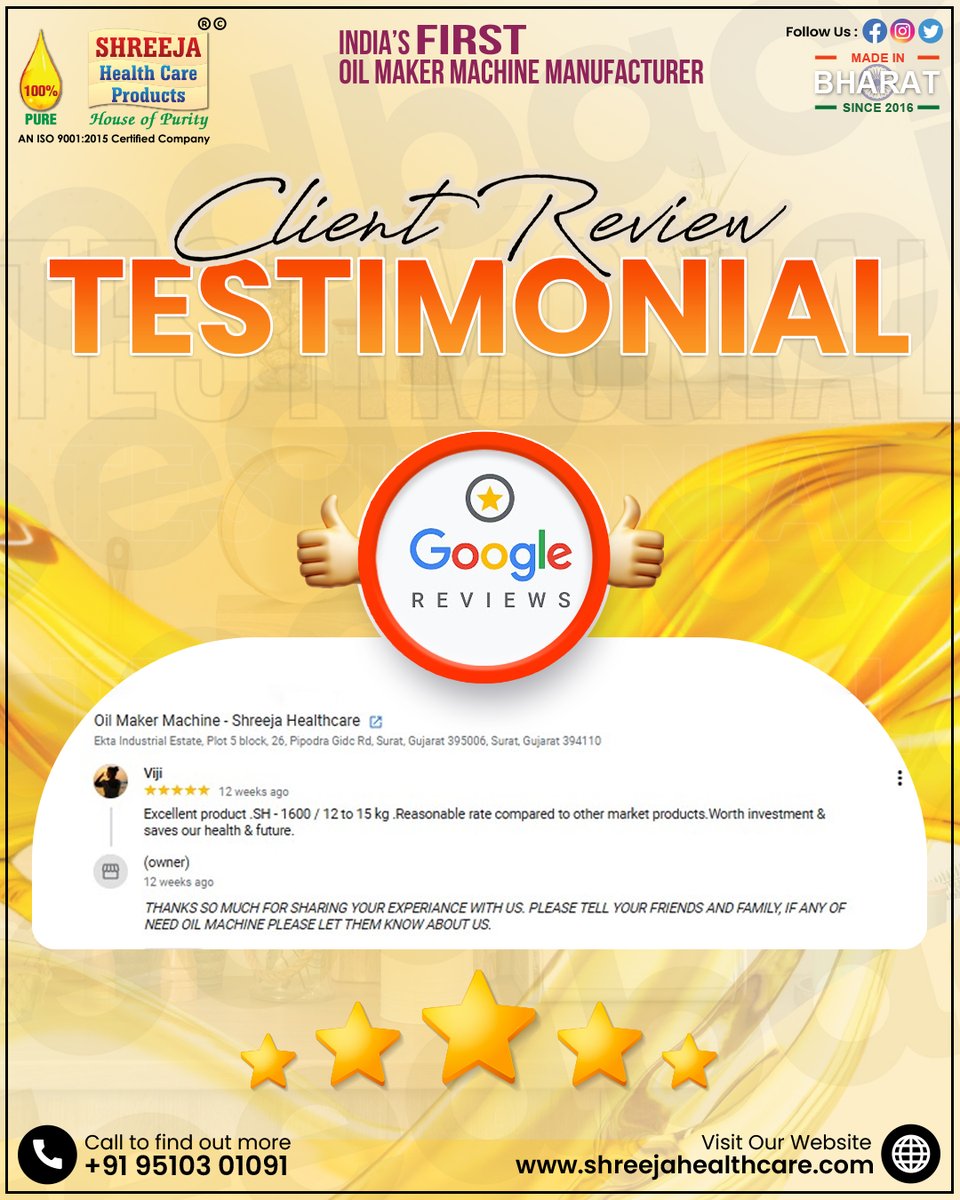 shreejahealth's tweet image. 🌟 Client Review Testimonial 🌟
💛 At Shreeja Health Care Products, We Take Pride In Delivering 100% Pure Quality And Excellence Since 2016 🇮🇳✨
📞 +91 95103 01091
🌐 Visit Our Website: shreejahealthcare.com
#oilexpeller #oilmachine #oilmaker #indianmanufacturers #clientreview