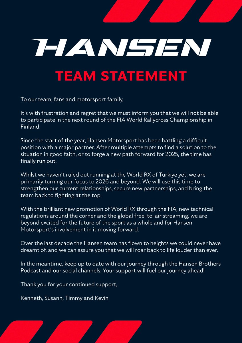 A team statement from Hansen Motorsport.