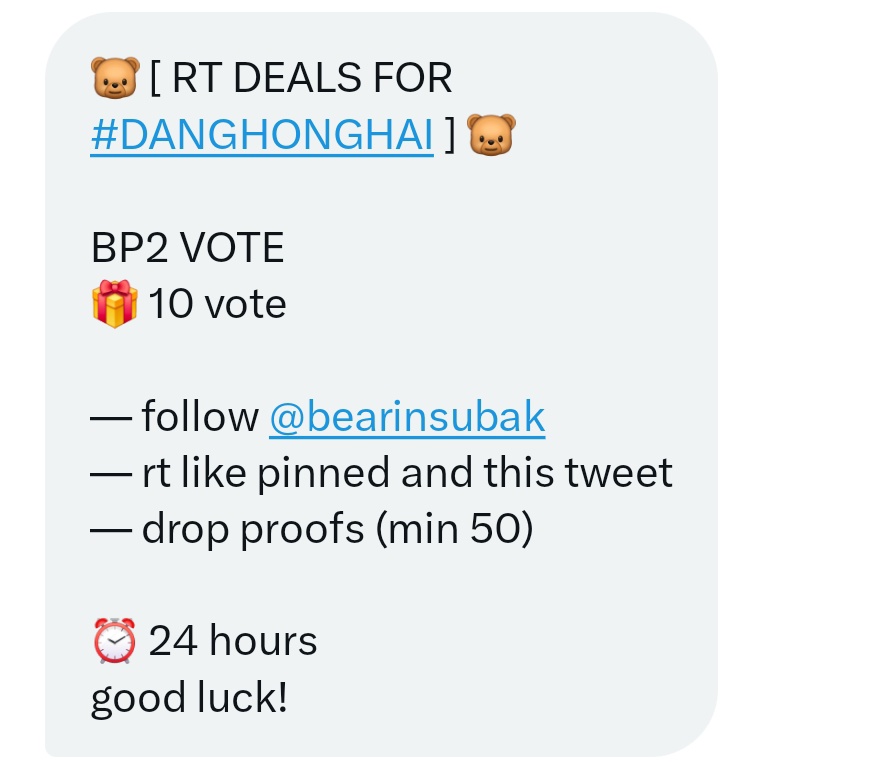 NgLinda270563's tweet photo. 🐻 RT DEAL – 10 VOTES for #DANGHONGHAI
🎁 BP2 VOTE – 10 votes
✅ Follow @bearinsubak
✅ Like + RT pinned tweet & this tweet
✅ Drop proofs (min. 50)
⏳ 24 hours — Let’s give full support to Hong Hai! 🇻🇳💖
#RTdeal #Danghonghai_BoyPlannetII https://t.co/isd7BV4f9I