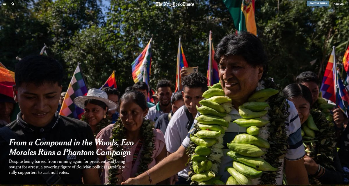 El fin de semana estuve en el bastión de Evo Morales con dos colegas del <a href="/nytimes/">The New York Times</a>. Lo entrevistamos en su refugio en Lauca Ñ para esta nota sobre las elecciones en Bolivia. 

(Enlace abierto y con una pestaña para leer en español). 

Con <a href="/thegreatglatsky/">Genevieve Glatsky</a>

nytimes.com/2025/08/15/wor…