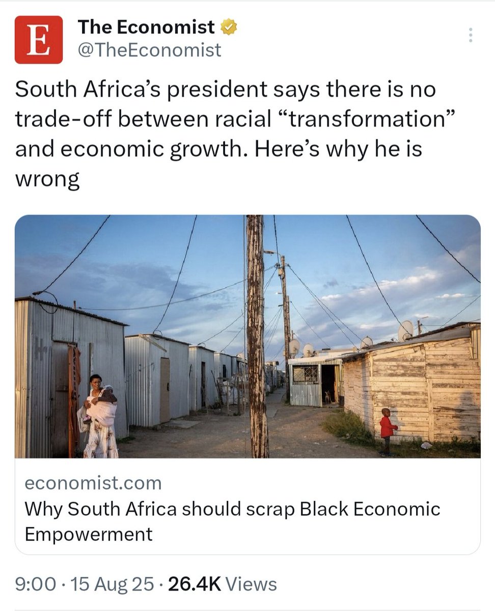 Jordan Griffiths (@jordigriff) on Twitter photo Published in <a href="/TheEconomist/">The Economist</a> yesterday, globally.
"Why South Africa should scrap Black Economic Empowerment
The ruling party’s flagship policy is a cause of the country’s problems, not a solution"
The narrative on this economic policy has now fundamentally changed. Published in <a href="/TheEconomist/">The Economist</a> yesterday, globally.
"Why South Africa should scrap Black Economic Empowerment
The ruling party’s flagship policy is a cause of the country’s problems, not a solution"
The narrative on this economic policy has now fundamentally changed.