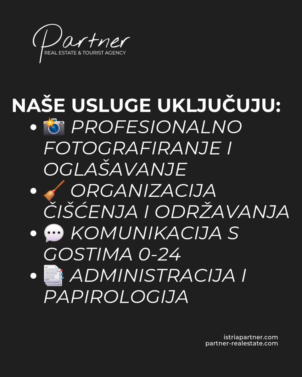 IstriaPartner's tweet photo. 🏡 Property Management Istria – we take care of your villa, apartment, or house as if it were our own.
📸 Marketing &amp; Advertising
🧹 Maintenance &amp; Cleaning
💬 Guest Communication
📑 Administration

You enjoy the income – we handle everything else.
📩 Contact us today!

#Istria https://t.co/P5SOlucCOL