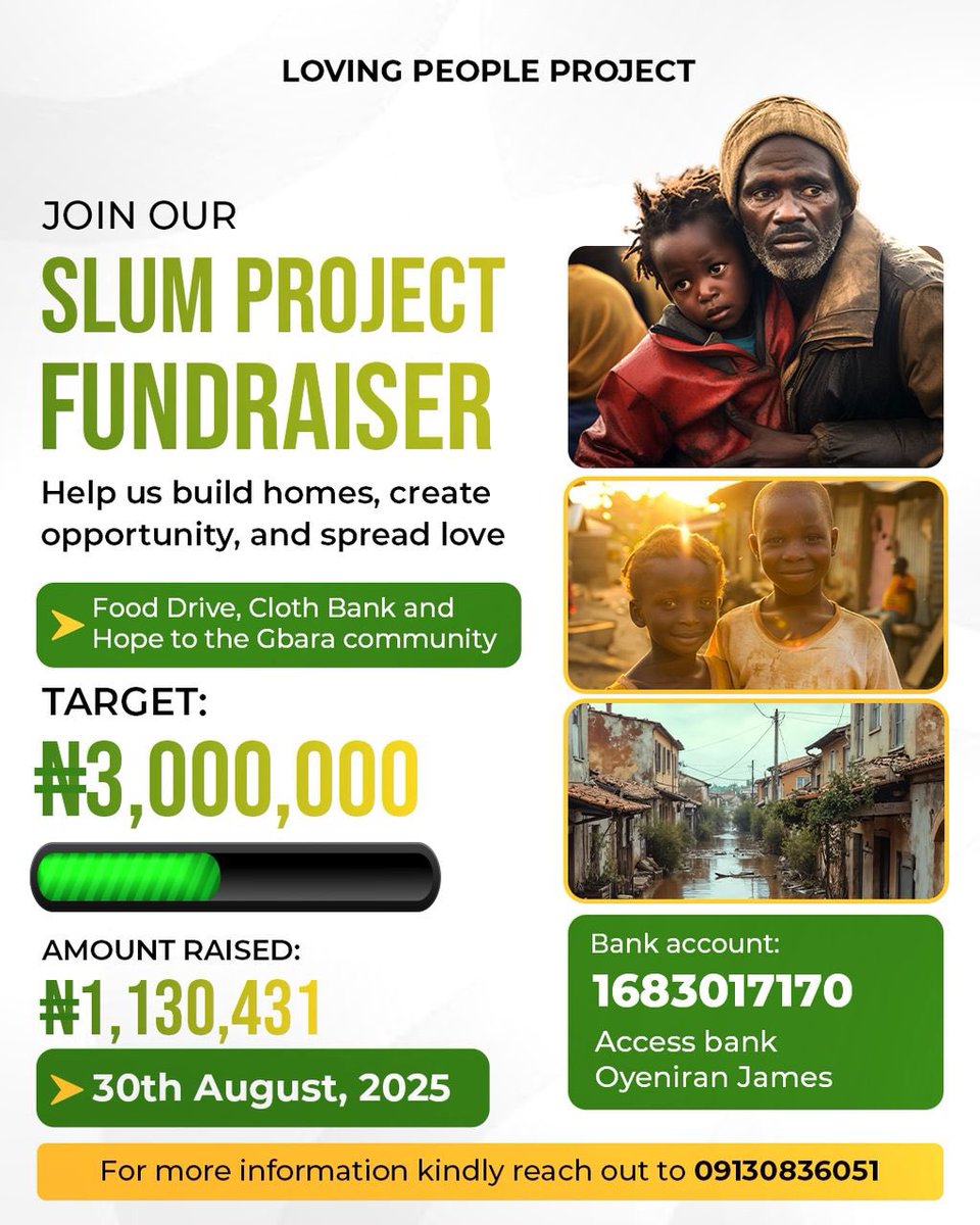 jamysax's tweet image. We’ve seen mothers skip meals so their children can eat.
We’ve seen kids walk barefoot in the mud to fetch dirty water.
But we’ve also seen hope and that’s why we’re here. ❤️
Please help us hit our Target with your donations
1683017170
Access bank
Oyeniran James