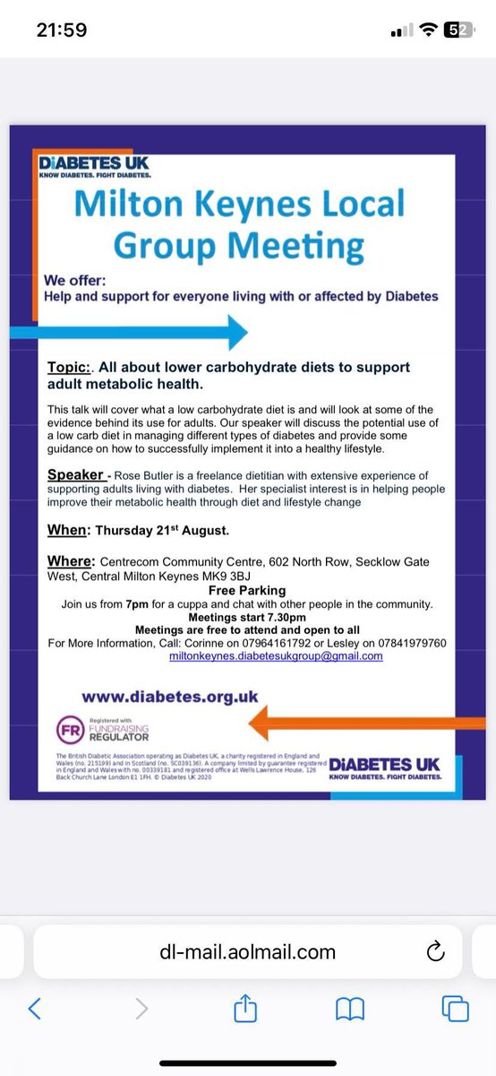 DiabetesUKMK's tweet photo. Rose Butler, a freelance dietitian with extensive experience of supporting adults living with diabetes. She will discuss the potential use of a low carb diet in managing diabetes and provide some guidance on how to implement it. Why not come along and join the discussion. https://t.co/BQGmRpMEMr