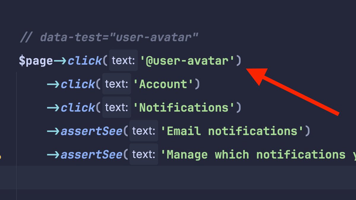 i’ve been writing browser tests in laravel apps, and while building pest 4, i added this: if an element has a data-test attribute, you can grab it with the @ prefix.

super handy when you want to click on something without any text — like an avatar. 🤌🏻