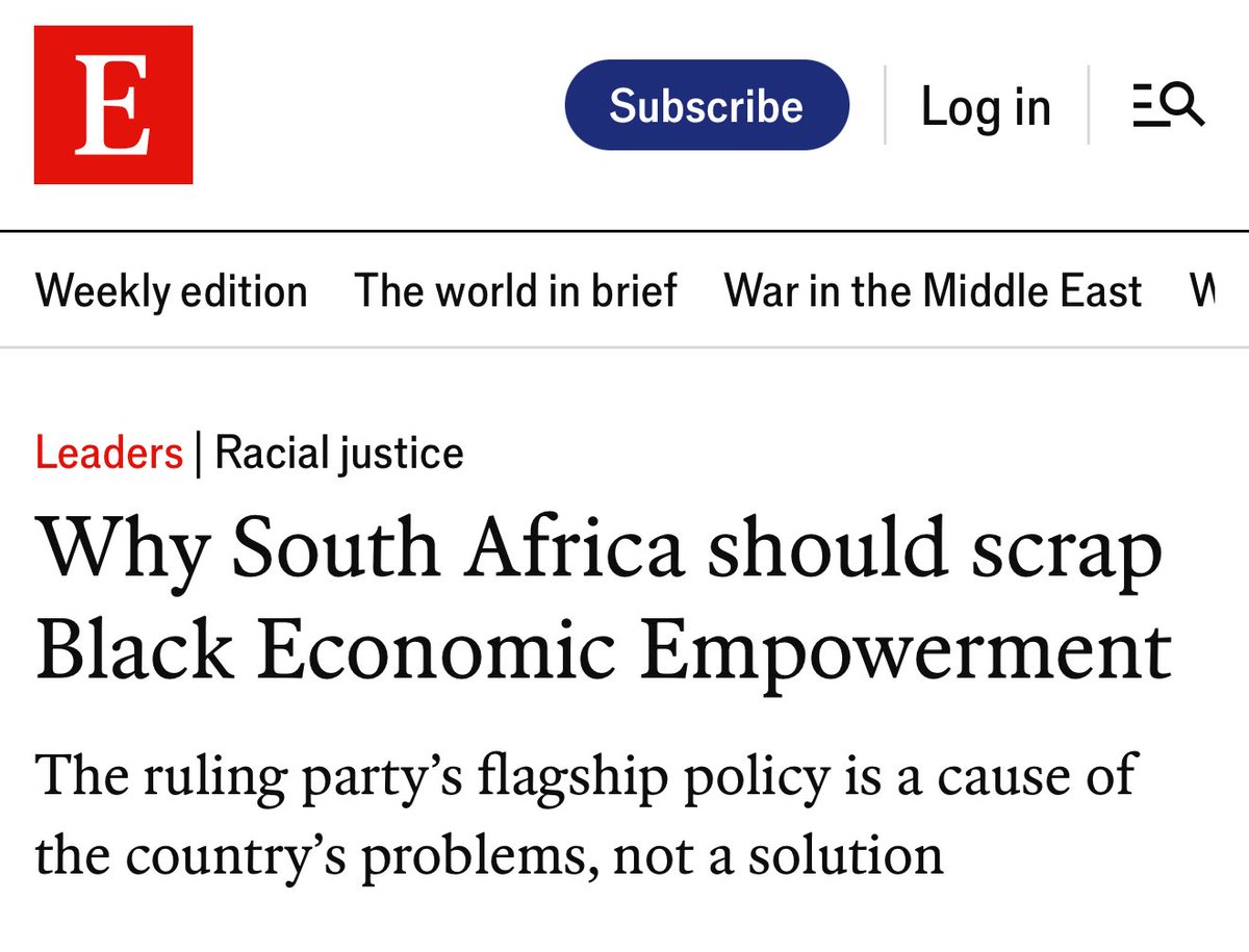 The Economist this week, on BEE. Exactly what we’ve been saying for years. I spoke to CEO of IRR John Endres on my YouTube show about BEE last week. Time for change! BEE must end. It’s a driver of corruption. #economy #politics #markets #macro #BEE