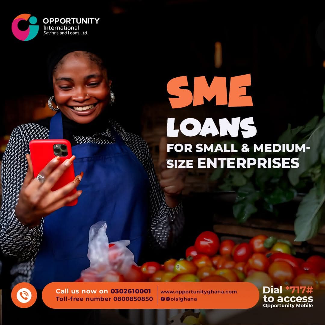 Fuel Your Business Growth

Our SME Loan is designed to help entrepreneurs grow their:
✅ Working Capital
✅ Asset Acquisition

📞 Call us now on 0302610001 / 0800850850
🌐 Visit opportunityghana.com to request for a loan today.

#SMELoans #BusinessFinance #GrowWithUs