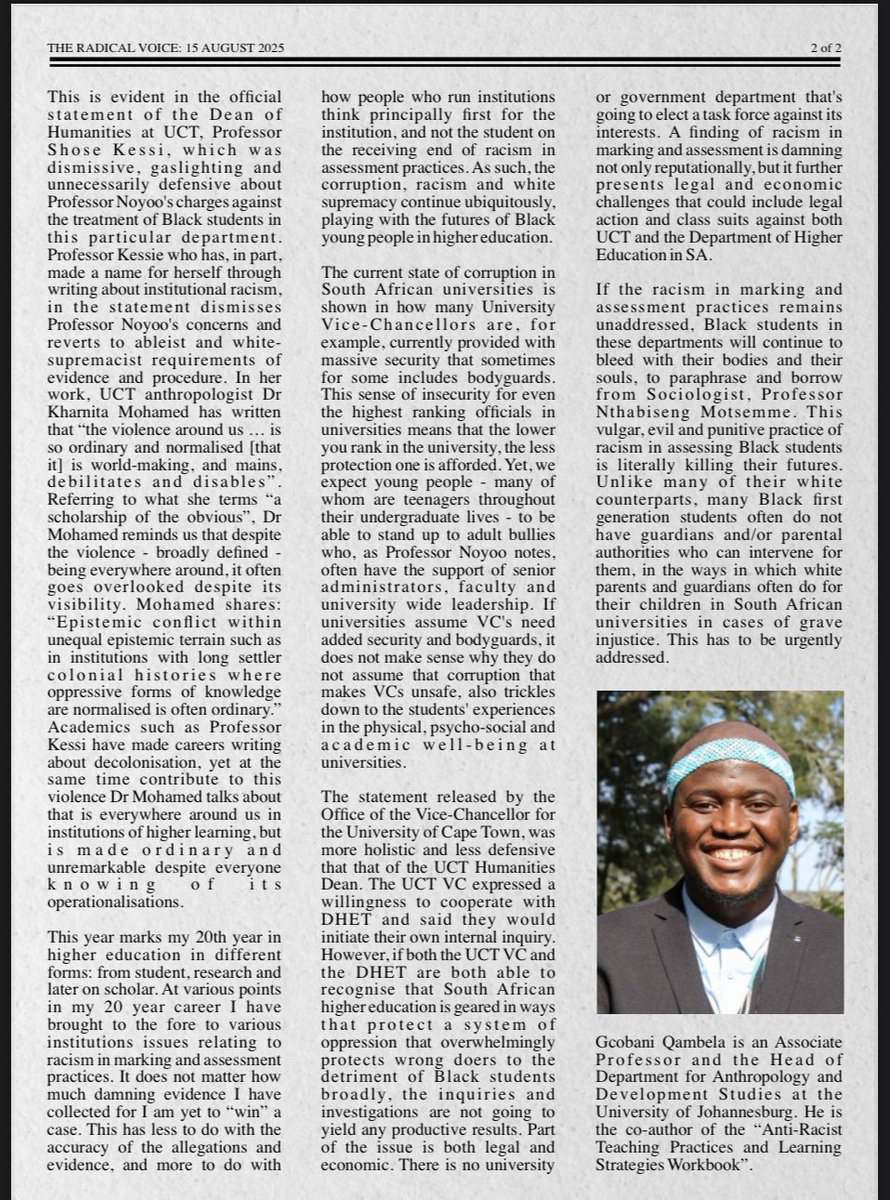 ♦️Must Read♦️

In this article featured in The Radical Voice, Associate Professor Gcobani Qambela criticises the racism in assessment at UCT, exposed by Professor Ndangwa Noyoo, highlighting that it is not an isolated incident but part of a deep-rooted system in South African
