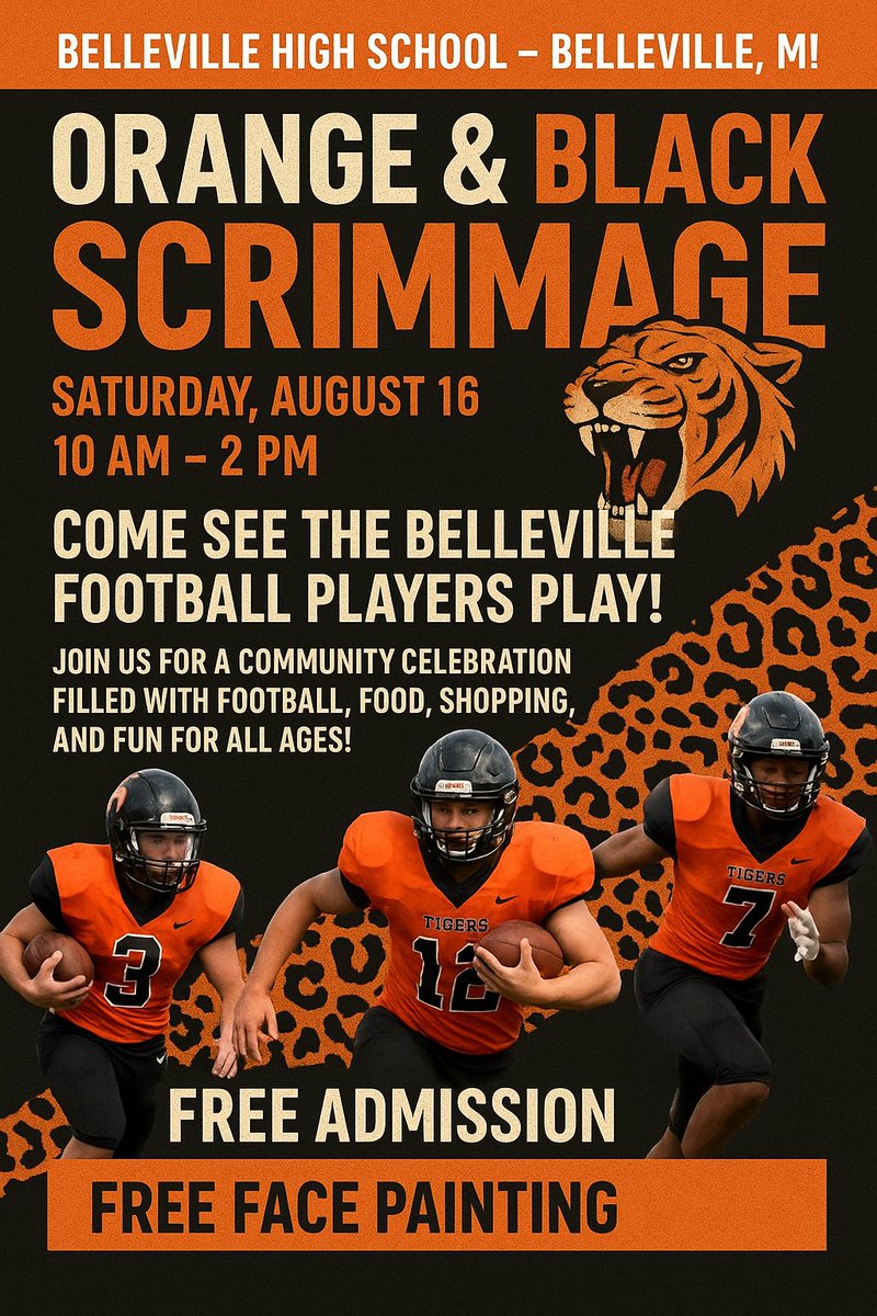 BellevilleFB's tweet photo. Come Out and Support Your Tigers and Vendors from the community at Belleville High School! It'll be a fun filled day for all ages! Go Tigers! https://t.co/w0duHulX1T