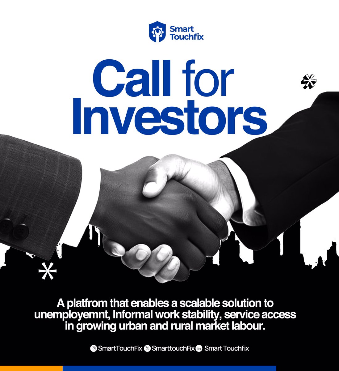 SmarttouchFix's tweet image. *CALL FOR INVESTORS*🤝👔
      SmartTouchFix is building African’s trusted platform for scalable solutions to unemployment💼, informal work stability🤝, and service access in growing urban and rural marketplaces.

READY TO INVEST? Reach out📩:
📧 info@smarttouchfix.com
