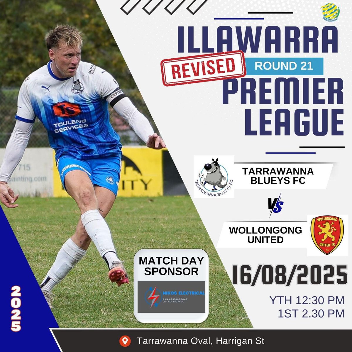 Your Blueys are back in action on SATURDAY in a <a href="/FSC_Official/">Football South Coast</a> <a href="/FratClub2519/">The Fraternity Club</a> Premier League Round 21 match at Tarrawanna against <a href="/WollongongUtd/">Wollongong United FC</a> .

2ND GRADE HAS BEEN POSTPONED.

Get up to Tarra and cheer the boys on.

Further Details: