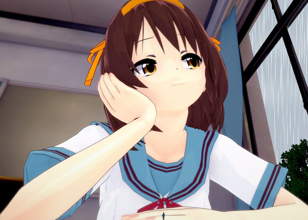 After gaining shrinking powers from Haruhi, I was caught off-guard and shrunk. Seeing that I had not shown up to class, she sits down at her desk and stares out the window.
Even if she doesn't see me on top of her desk, I will still make sure to comfort the one I love.