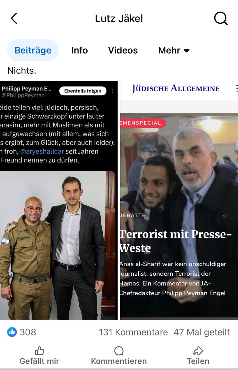Entlarvender Post von Lutz Jäkel auf Facebook 

Ganz ehrlich: Da sind mir die direkten Drohungen, die nicht erst seit dem 7. Oktober 2023 frei Haus reinkommen, fast „lieber“. Weil ehrlicher, direkter, damit kann man dann auch strafrechtlich viel besser umgehen. 1/3