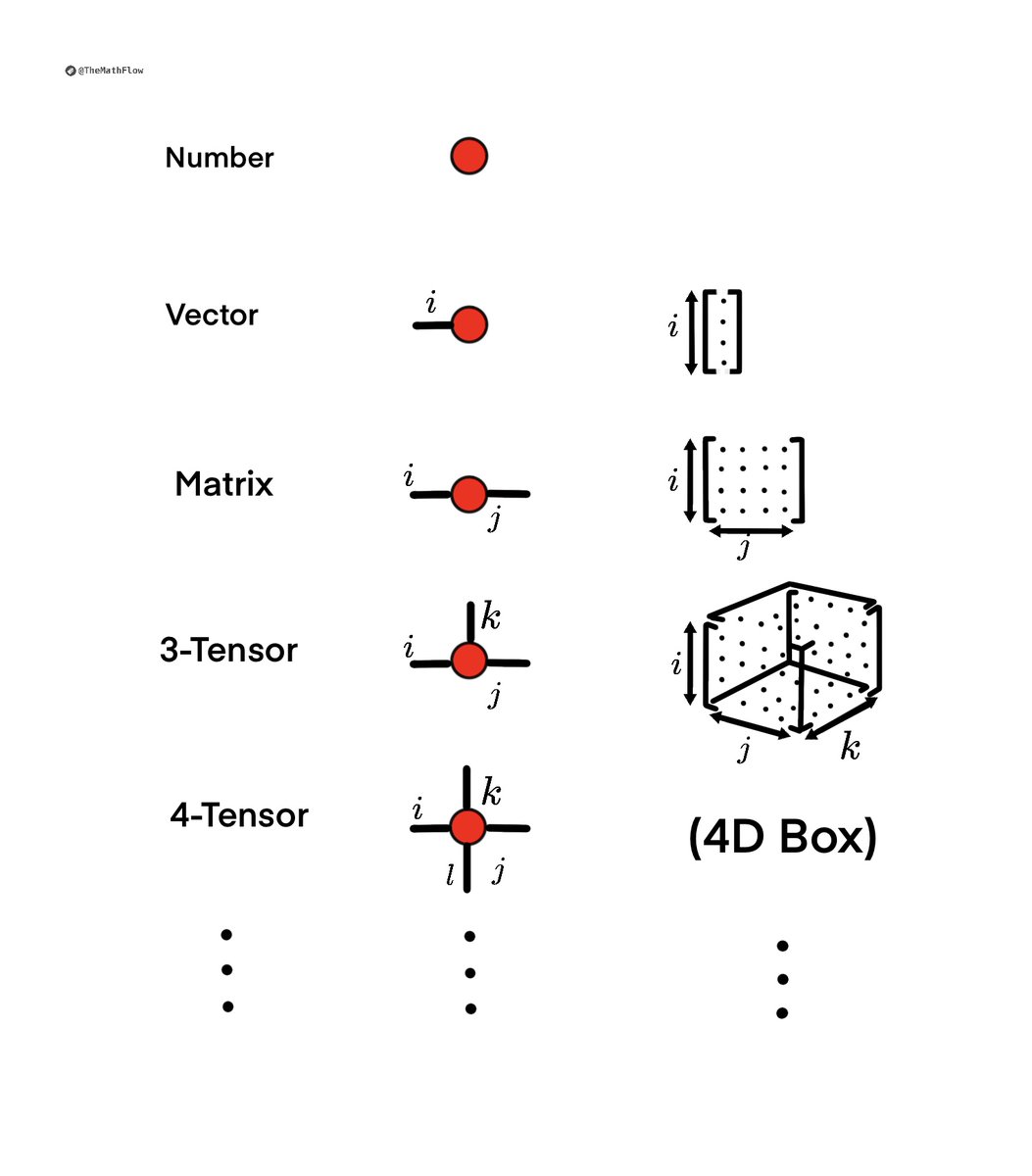 TheMathFlow's tweet image. Visual Representation of Tensors: From Zero-Dimensional Numbers to Four-Dimensional Structures.