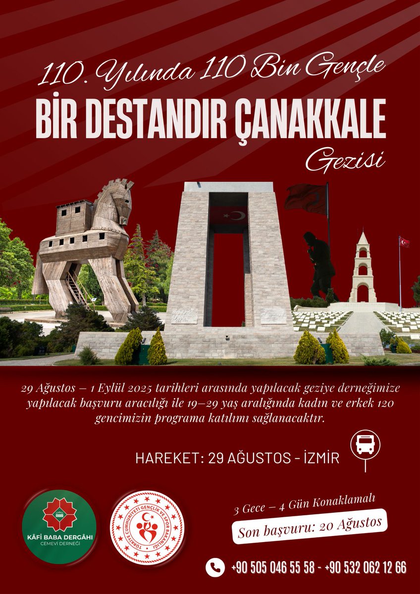 kafibaba07's tweet photo. 110. Yılında Çanakkale Destanını yâd etmek için 4 günlük Çanakkale gezisine gidiyoruz.

♦29 Ağustos'ta İzmir'den hareket.
◾️19-29 Yaş aralığında tüm gençlerimiz başvurabilir.
♦Son başvuru tarihi: 20.08.2025
◾️Tüm masraflar tarafımızca karşılanacak.
📞 05320621266 - 05050465558 https://t.co/HVdjsBMdbr