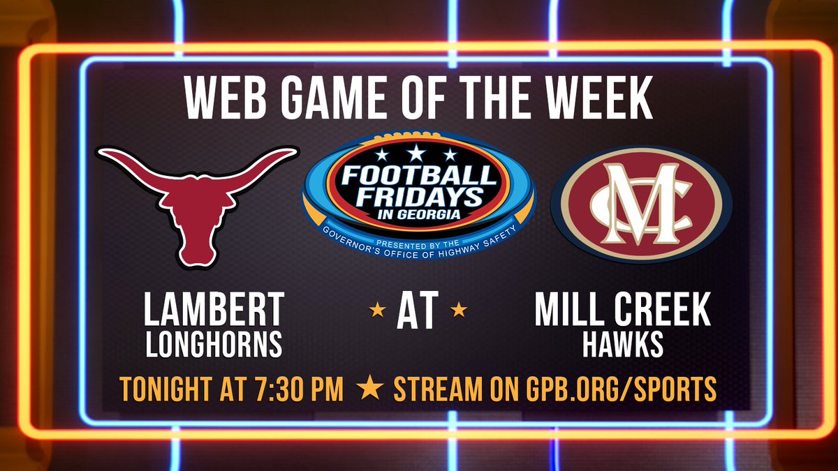 GPB Sports (@gpbsports) on Twitter photo ❗ TONIGHT
🚨GPB Web Game of the Week 🚨
🏈: <a href="/LambertFtBall/">Lambert Football</a> vs. <a href="/MCFootballCoach/">Mill Creek Football</a>
🕢: 7:30 p.m.
📍Markham Field
Play-by-Play 🗣️ <a href="/OSGNelson/">#CuteSportsGuy</a>
Stream free ⬇️
Web bit.ly/45yuQql
YouTube bit.ly/4fyERZ8
Twitch: bit.ly/3NhwsML
📲 GPB Sports App
#GPBSports ❗ TONIGHT
🚨GPB Web Game of the Week 🚨
🏈: <a href="/LambertFtBall/">Lambert Football</a> vs. <a href="/MCFootballCoach/">Mill Creek Football</a>
🕢: 7:30 p.m.
📍Markham Field
Play-by-Play 🗣️ <a href="/OSGNelson/">#CuteSportsGuy</a>
Stream free ⬇️
Web bit.ly/45yuQql
YouTube bit.ly/4fyERZ8
Twitch: bit.ly/3NhwsML
📲 GPB Sports App
#GPBSports