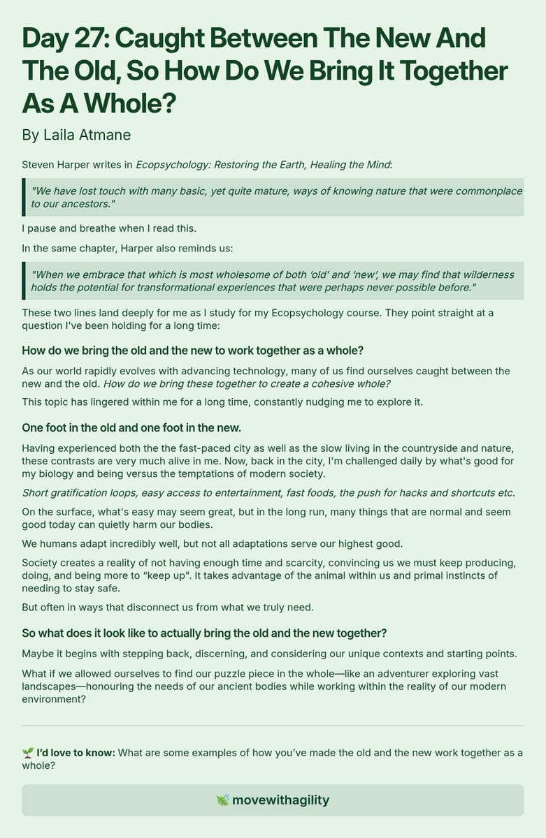 MovewithAgility's tweet photo. Day 27 of this writing journey — we’re nearing the final destination.

Today, I couldn’t keep it brief or “atomic essay” friendly. Maybe that’s a sign the topic needs more time to breathe.

🌱 How do we bring the old and the new to work together as a whole? https://t.co/53AfW20eyD