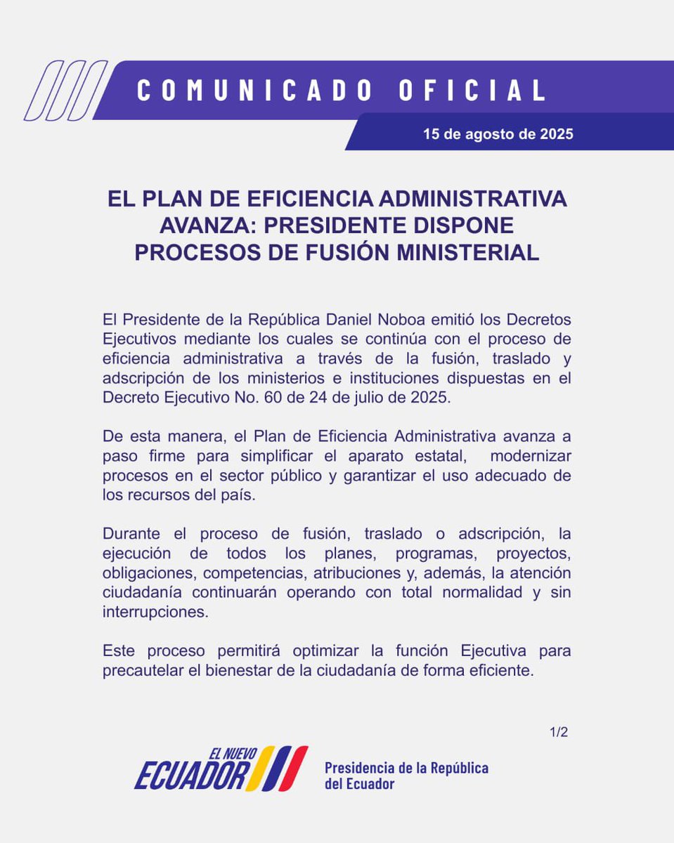 ecuainm_oficial's tweet photo. ‼️#URGENTE
Los ministerios en Ecuador luego de las fusiones quedarán con los siguientes nombres. https://t.co/yn5JSQZ5ZT