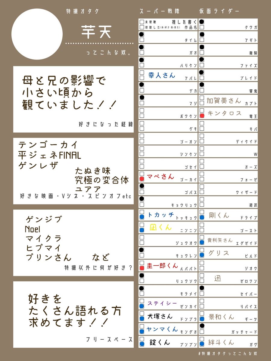 好きな作品を一緒に語れる方求めてます！

♡で気になった方お迎え

lit.link/IMO10

#特撮好きと繋がりたい
#特撮好きな人と繋がりたい
#特撮女子と繋がりたい
#仮面ライダー好きと繋がりたい
#スーパー戦隊好きと繋がりたい
#ウルトラマン好きな人と繋がりたい
#特撮オタクってこんな奴