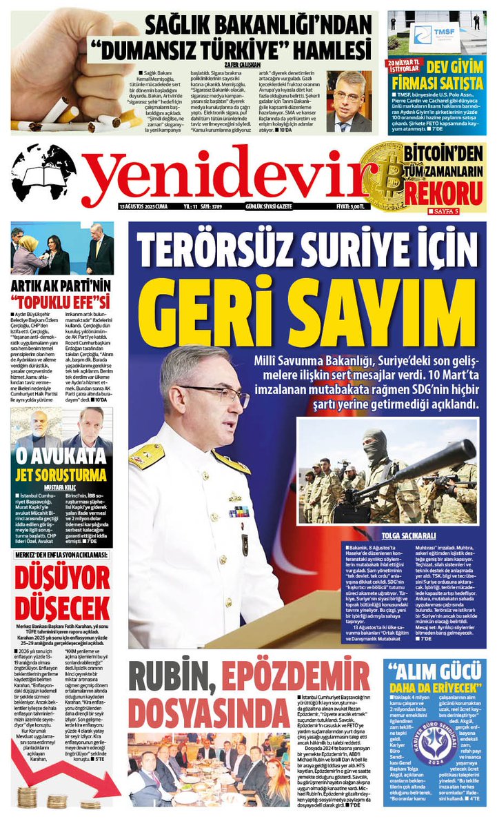 🚨 Yeni Devir Gazetesi’nin manşeti: “Terörsüz Suriye için geri sayım” 🕒 MSB: “SDG, 10 Mart mutabakatındaki hiçbir şartı yerine getirmedi.” #Suriye #MilliSavunma