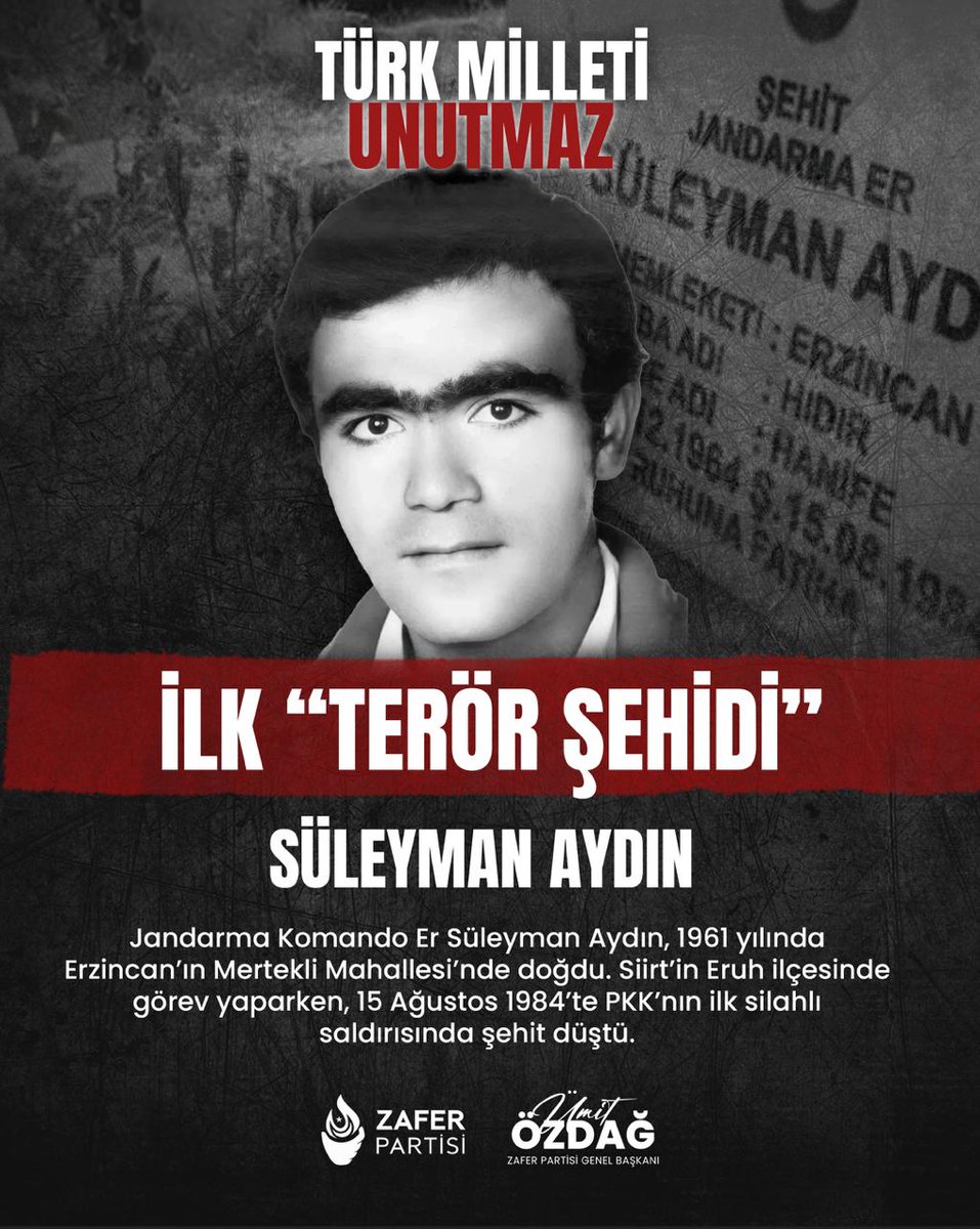 umitozdag's tweet photo. “Teröre Verilen İlk Şehidimizin Adını Unutturmayacağız”

15 Ağustos 1984 günü PKK terör örgütü, Siirt Eruh ve Hakkâri Şemdinli’de eş zamanlı saldırılar düzenleyerek Türkiye’ye karşı kanlı bir sayfa açtı. 

Bu saldırıda Jandarma Komando Er Süleyman Aydın ve ardından, kaldırıldığı hastanede Jandarma Astsubay Çavuş Memiş Arıbaş şehit düştü.

Süleyman Aydın, teröre verilen ilk şehit olarak milletimizin hafızasına kazınmış bir kahramandır. Onun adı, terörle mücadelenin kararlılığının sembolüdür.

Ancak bugün, “Terörsüz Türkiye Komisyonu” adı altında yürütülen kimi siyasi girişimler, terörle mücadelenin gerçek anlamını sulandırmakta, şehitlerimizin aziz hatırasına gölge düşürmektedir. 

Terörü bitirmenin yolu, terör örgütleri ve onların siyasi uzantılarıyla masaya oturmak değil; milletin iradesi, hukukun üstünlüğü ve güvenlik güçlerimizin kararlı mücadelesidir.

Süleyman Aydın ve tüm şehitlerimizin mirası ile kahraman gazilerimizin ve ailelerinin yaşadıkları, hiçbir siyasi pazarlığın, hiçbir “yumuşama” söyleminin malzemesi yapılamaz.

“Terörsüz Türkiye” söylemi, teröre taviz vererek değil; kararlı, ödünsüz ve milli bir duruşla gerçekleşir.
Şehitlerimizin kanı yerde bırakılmayacak, terörün kökü kazınacaktır.

Süleyman Aydın’ın mezarı başında edilen dualar, bize her 15 Ağustos’ta şu gerçeği hatırlatır:
Vatan, ancak bedel ödeyenlerin kanıyla ayakta kalır.

Ne Mutlu Türküm Diyene!

#TürkMilletiUnutmaz