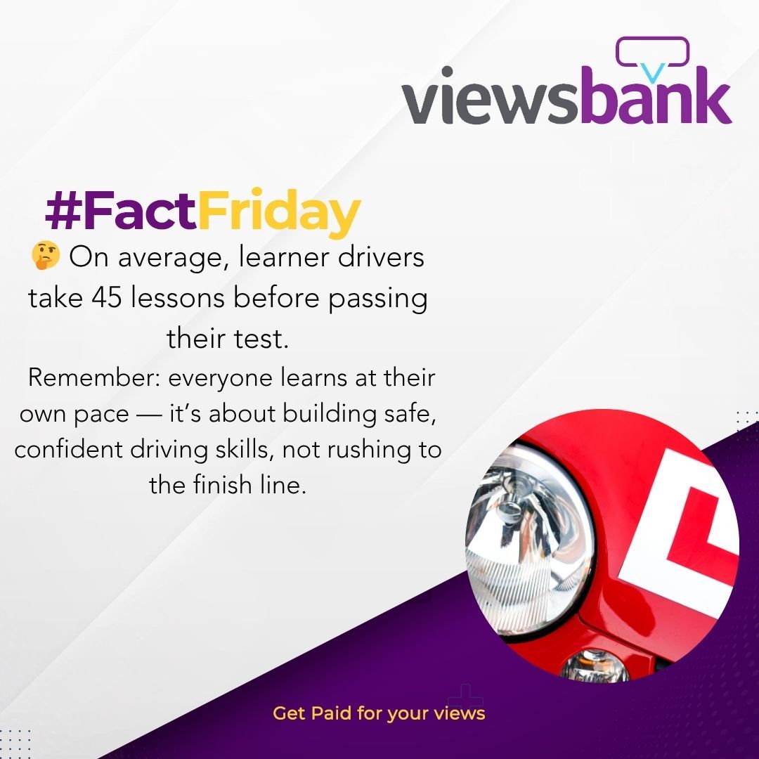 viewsbank's tweet image. 🚗 Fact Friday

🤔 On average, learner drivers take 45 lessons before passing their test. 
#FactFriday #DrivingFacts #LearnToDrive #RoadSafety #DrivingJourney