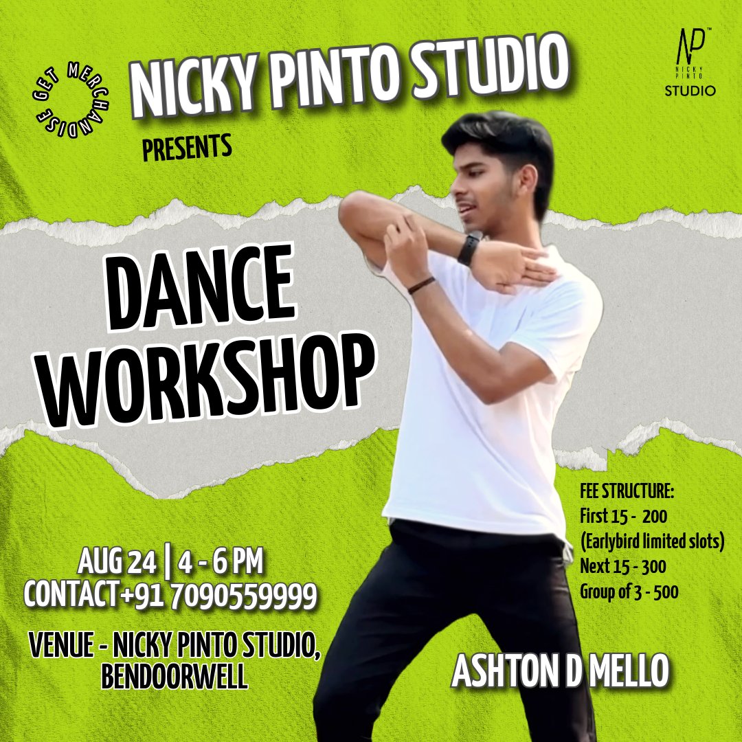 pinto_studio's tweet photo. DANCING IS LIKE DREAMING WITH YOUR FEET!
GET READY TO DANCE WITH ASHTON! ⚡
AUG 24 | 4 – 7 PM
NICKY PINTO STUDIO, BENDOORWELL
FEE STRUCTURE:
First 15 – ₹200
(Earlybird limited slots)
Next 15 – ₹300
Group of 3 – ₹500
(Based on availability)
TO REGISTER:
Call ☎️ 
+91 7090559999 https://t.co/JNjuJPpUvx