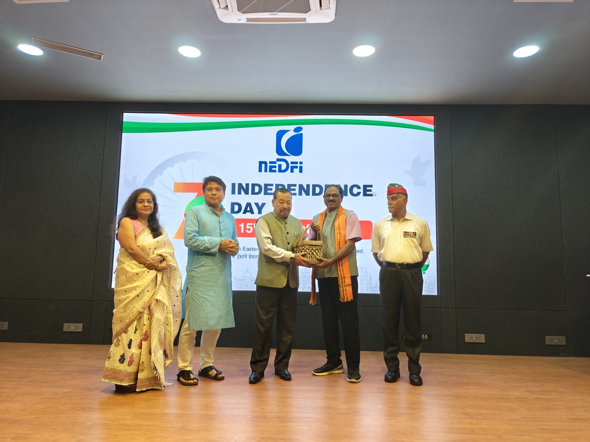 NEDFi celebrated 79th Independence Day today. On the occasion Sh Anjan Gogoi Air Marshal AVSM PVSM VSM(Rtd) was felicitated &amp; Capt Gautam Sarma was honoured posthumously for his ultimate sacrifice to the nation. On his behalf Smt Mamoni Sarma,his mother was felicitated.