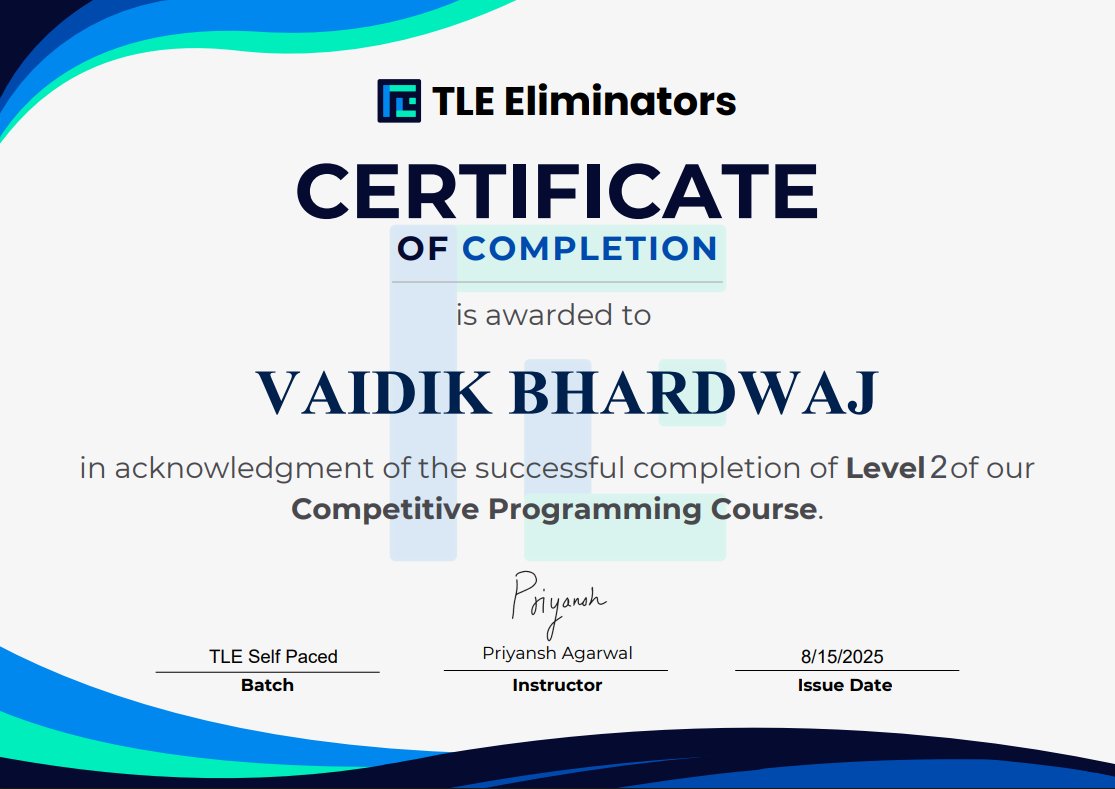 Just completed the LvL 2 TLE course. When I started with CP, I was completely unaware of what to do and focus on. I was not able to solve even one question. But after completing the course, I have started to enjoy giving contests and can solve 2 questions. Thanks <a href="/Priyansh_31Dec/">Priyansh Agarwal</a>