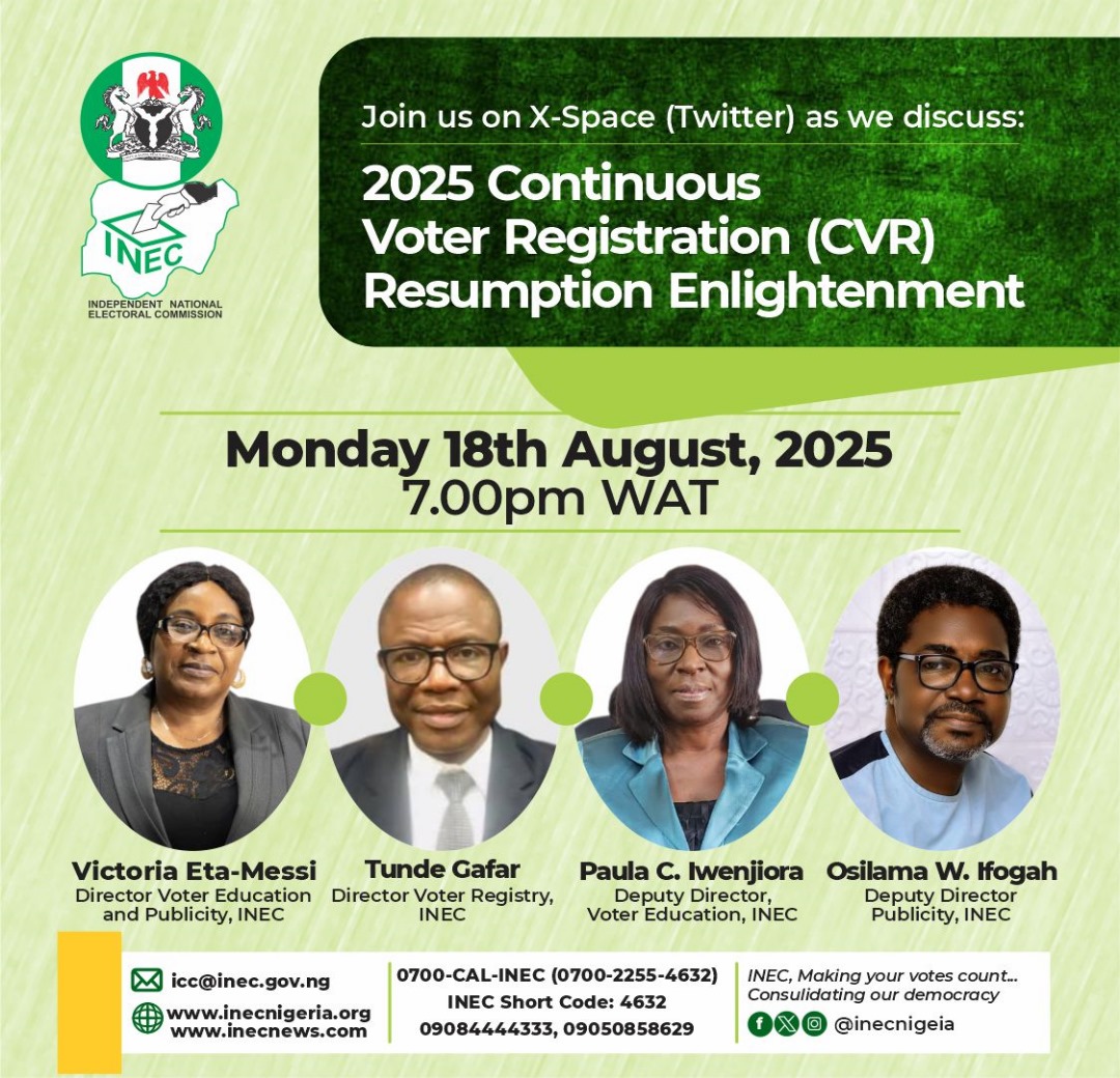 The much awaited Nationwide CVR exercise is just few days away. Join this power pack enlightenment on X Space by <a href="/inecnigeria/">INEC Nigeria</a> as <a href="/WIfogah74386/">Wilfred Ifogah</a> and other speakers will be available to provide the needed responses to that your questions and concerns.