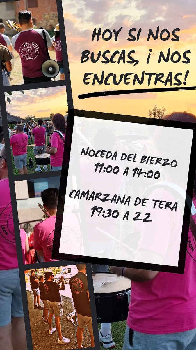 ¡Toca #doblete...! A las 11 h Noceda del Bierzo. Y por la tarde Camarzana de Tera, a las 19:30 h. #NoDigasFiestaYDiLosMásBusca2

🎶🎉🥁🎷🎺🎵📢💥

#LosMásBusca2 #LeónEsp #Charanga #Fiesta #SiNosBuscasNosEncuentras #CharangaLosMásBusca2 #SinCharangaNoHayFiesta