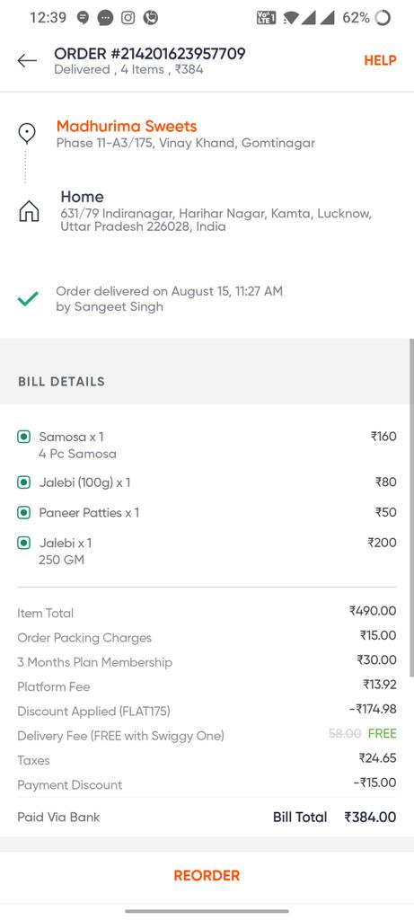 shashi1702's tweet photo. @Swiggy i have ordered some items from Madhurima lucknow and recived the order in almost 2hrs late with incomplete order...4pc samosa worth 160rs are missing..and Swiggy cheaters executive are not responding...and said you can only give ratings.. https://t.co/0wf5nAaTLq