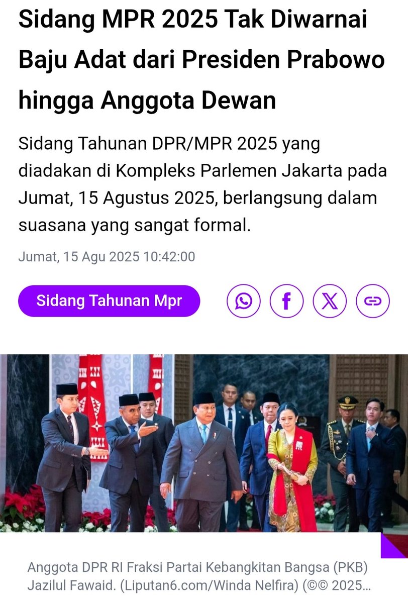 Alhamdulillah.
Setelah tahun pertama Presiden <a href="/prabowo/">Prabowo Subianto</a> semua bergerak menuju normal kembali, baju formal Jas resmi dan Peci hitam dan  pada Sidang Umum MPR 2025.

Setelah 10 tahun terakhir  Sidang MPR berlangsung abnormal,  bagaikan Ajang Karnaval dengan baju-baju daerah. Dan