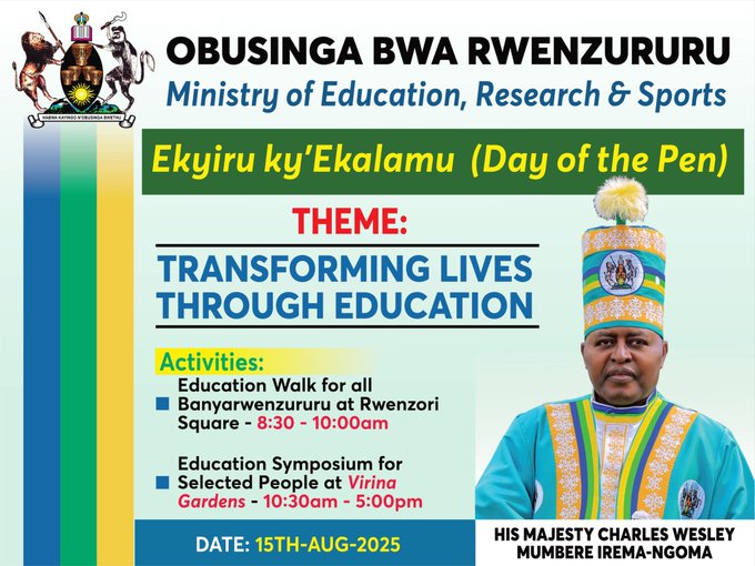 KINGDOM OF RWENZURURU
Ekiro kye’Kalamu – 15th August ✍️

Today, the people of Rwenzururu proudly commemorate Ekiro kye’Kalamu (The Day of the Pen) - a historic day when His Majesty Omusinga declared the use of the pen over spears.

This day marks a turning point in our history, a