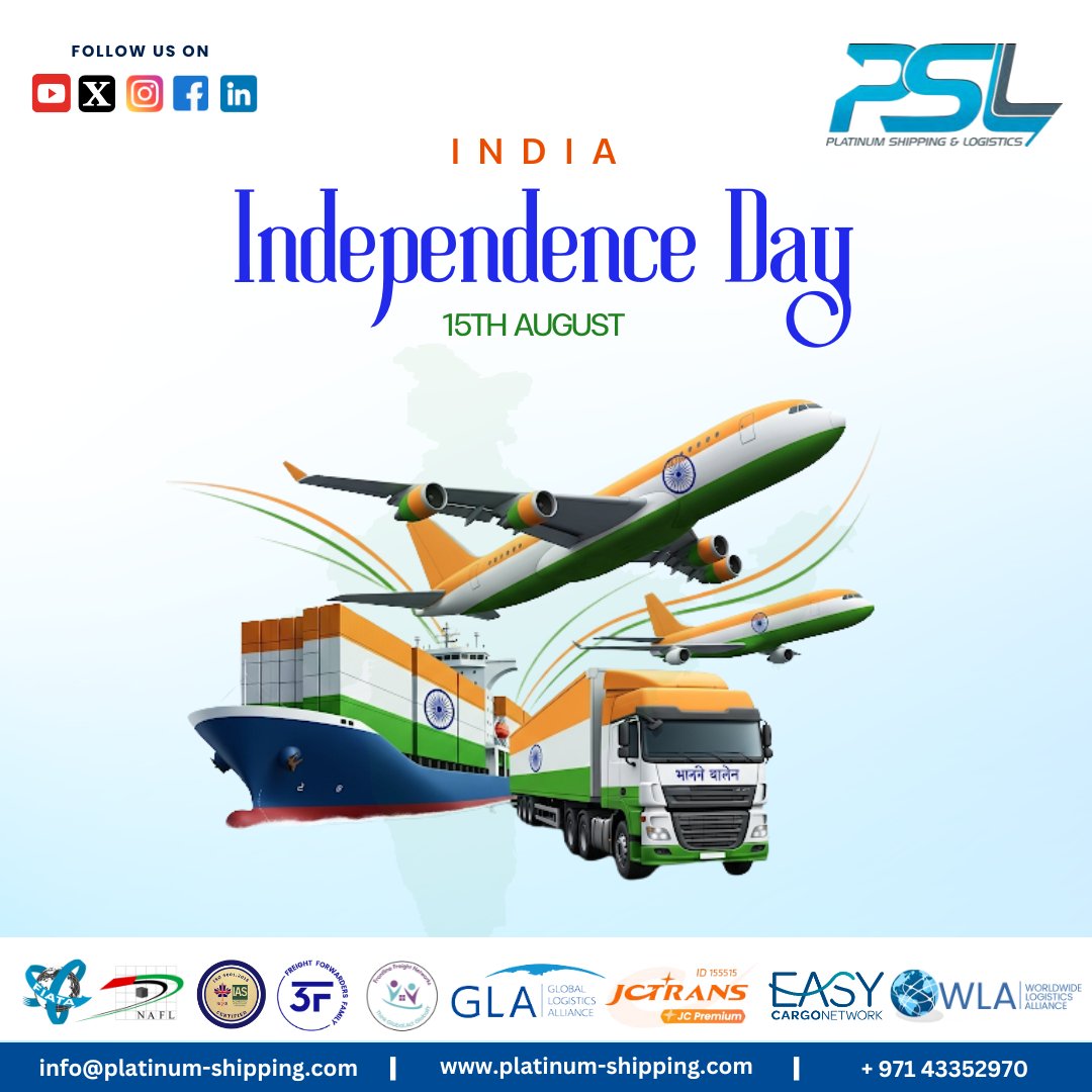 psldubai's tweet photo. Happy Independence Day! 🎉

May tricolor always fly high, symbolizing freedom, unity, and pride. Wishing a glorious day to all Indians!

For more enquires, please contact us 👇

🌐 https://t.co/PCqyYnY6Sr
📧 info@platinum-shipping.com

#indiaindependenceday #15August #jaihind https://t.co/QsFfQrGndw