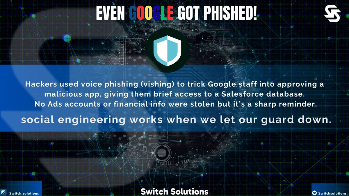 switchsolution_'s tweet image. End-of-week reminder: Even Google has been vished before.
Pause. Verify. Protect.
#CyberSmart #DataProtection #EndOfWeek