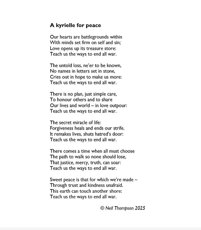Today we celebrate Mary being taken body and soul into heaven and commemorate the 80th anniversary of VJ Day - whilst presidents Trump and Putin meet over Ukraine. I repost the Kyrielle for peace I wrote in May as a prayer - to join those of the Queen of Heaven.