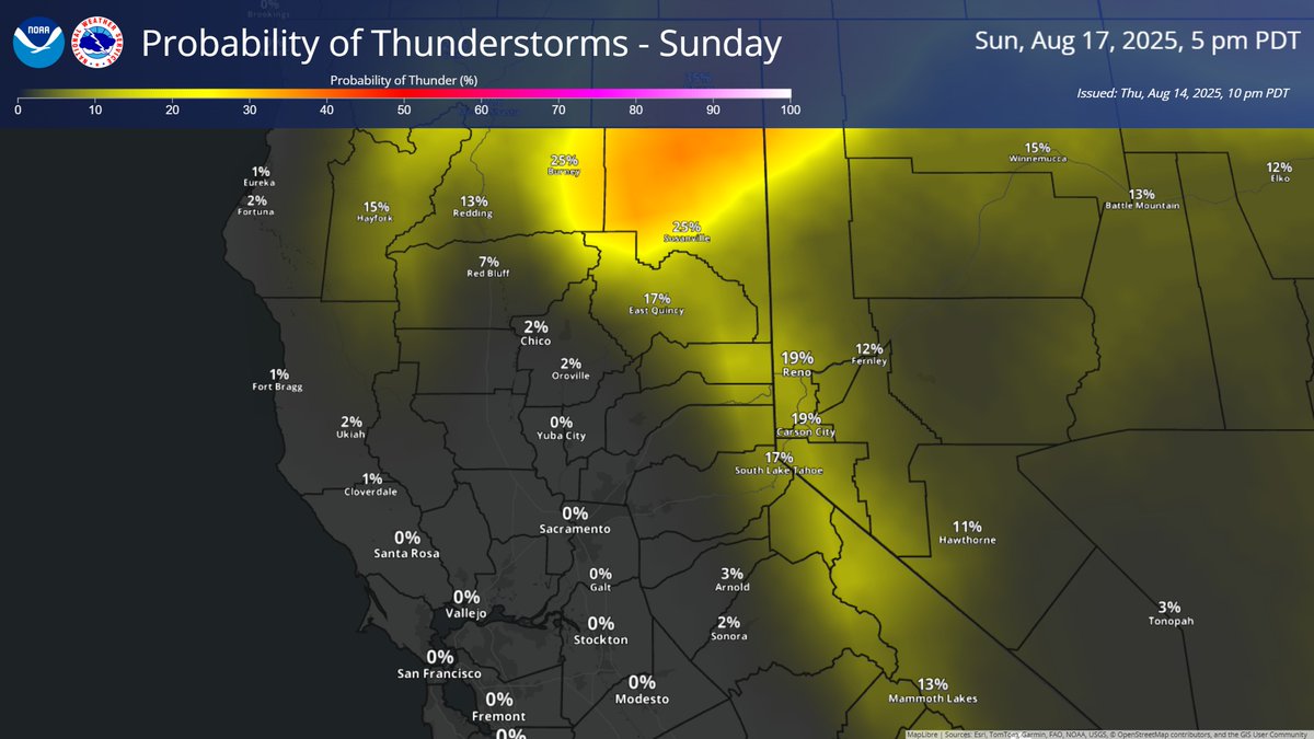 A weather system will move through NorCal this weekend, bringing chances of t-storms and rain showers to portions of the northern Sacramento Valley, Coastal Range, southern Cascades, and the Burney Basin. Latest 🌩️🌩️🌩️ probabilities are below: 
#CAwx