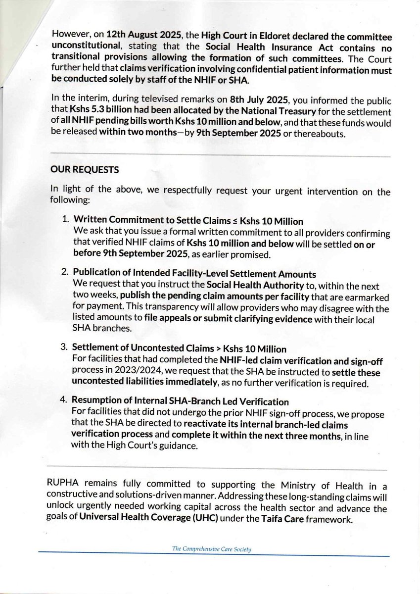 RuphaKenya's tweet photo. For Kenya to achieve its aspiration of healthcare without financial hardship for it's citizens, Healthcare should be financed. Medical Claims should not be weaponized, behind each clean claim is a patient who had a life saving procedure, there is a doctor and nurse who did their very best, there are workers with families. There are suppliers with their entrepreneurship dreams hanging in the balance. Valid liabilities worth Kshs 33B owed to providers remain unpaid for more than 36 months since they were incurred and almost one year into the SHA Transition. We humbly appeal on behalf of Kenyan patients, healthcare workers and entrepreneurs for the @MOH_Kenya and @StateHouseKenya our President @WilliamsRuto to settle all pending NHIF bills and alleviate the suffering in the sector. @HonAdenDuale @KenyaMedics_KMA @TheKOGSociety @Cofek_Africa @_shakenya