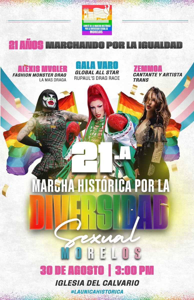 MORELOS: 

Este 30 de agosto, prepárate para vivir un momento ÉPICO con la presencia de <a href="/Gala_Varo/">Gala Varo</a> , <a href="/Zemmoa/">Zemmoa</a> y <a href="/AlexisMvgler/">EL MONSTRUO DE LA MODA</a> con actos de visibilidad, arte y poder LGBTIQ+ 💥🏳️‍🌈

📍Iglesia del Calvario – 3:00 PM
📅 30 de agosto – Cuernavaca
🌈 21 años de resistencia, orgullo y