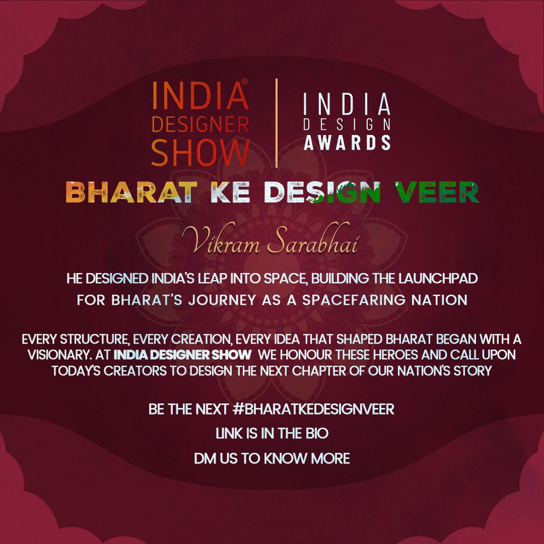 Indiadesignshow's tweet photo. When the world looked to the skies, India built its own path to the stars." 🚀
The Indian Space Research Organisation (ISRO), founded in 1969 by Dr. Vikram Sarabhai.
#DesigningIndia #BharatKeDesignVeer #IndependenceDay #IndiaDesignerShow #IDSSeason5 #IDS #IndiaDesignAwards #ISRO https://t.co/pVgNqqhchh