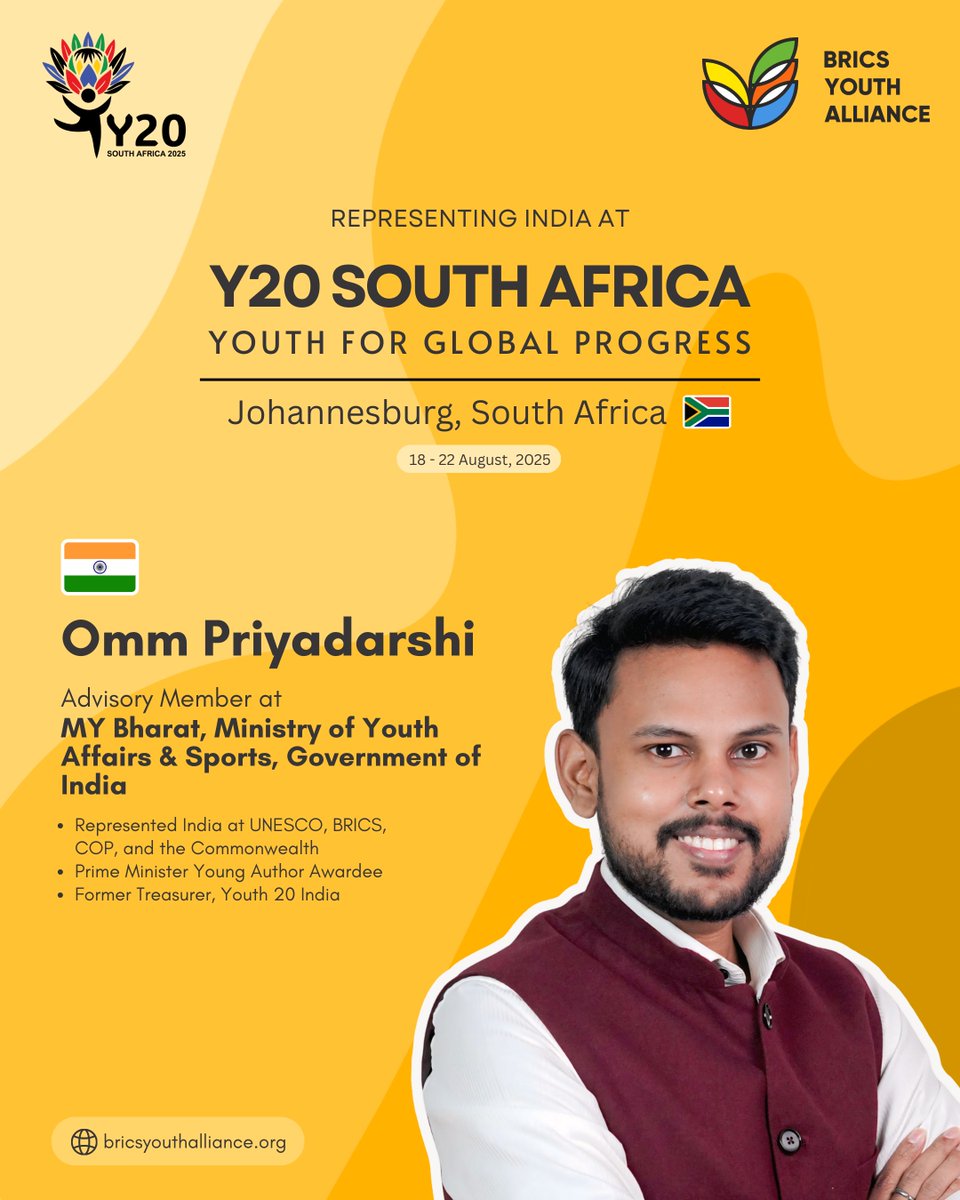 Omm Priyadarshi will represent 🇮🇳 at #Y20SouthAfrica! Advisory Member, MY Bharat, MoYAS &amp; PM Young Author Awardee. Backed by BRICS Youth Alliance, he brings India’s voice in policy, youth diplomacy &amp; global cooperation 🌍
#BYA #Y20