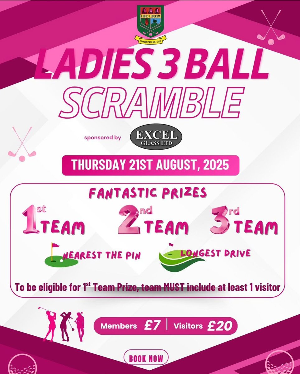 Shandon Park GC (@shandonparkgc) on Twitter photo ๐ Huge thanks to <a href="/Excel_GlassLTD/">Excel Glass Ltd</a> for sponsoring our Ladies 3 Ball Scramble at Shandon Park โณ๏ธ๐
๐
Thurs 21 Aug 2025
๐ Prizes for 1stโ3rd + Nearest the Pin & Longest Drive!
๐ฒ Book: visitors.brsgolf.com/shandonpark
#ExcelGlass #GolfNI #LadiesGolf #TeeItUp ๐ Huge thanks to <a href="/Excel_GlassLTD/">Excel Glass Ltd</a> for sponsoring our Ladies 3 Ball Scramble at Shandon Park โณ๏ธ๐
๐
Thurs 21 Aug 2025
๐ Prizes for 1stโ3rd + Nearest the Pin & Longest Drive!
๐ฒ Book: visitors.brsgolf.com/shandonpark
#ExcelGlass #GolfNI #LadiesGolf #TeeItUp