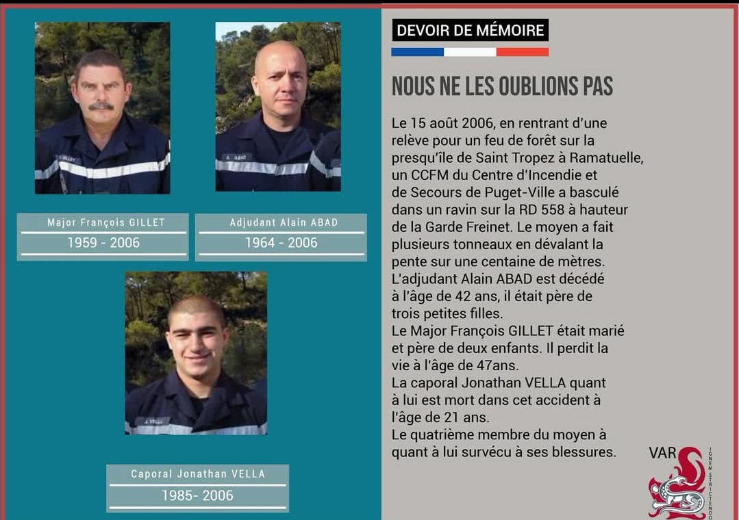 #devoirdememoire
N’oublions pas les #sapeurspompiers du Var décédés en service commandé.
À jamais présents dans notre mémoire collective.👨‍🚒