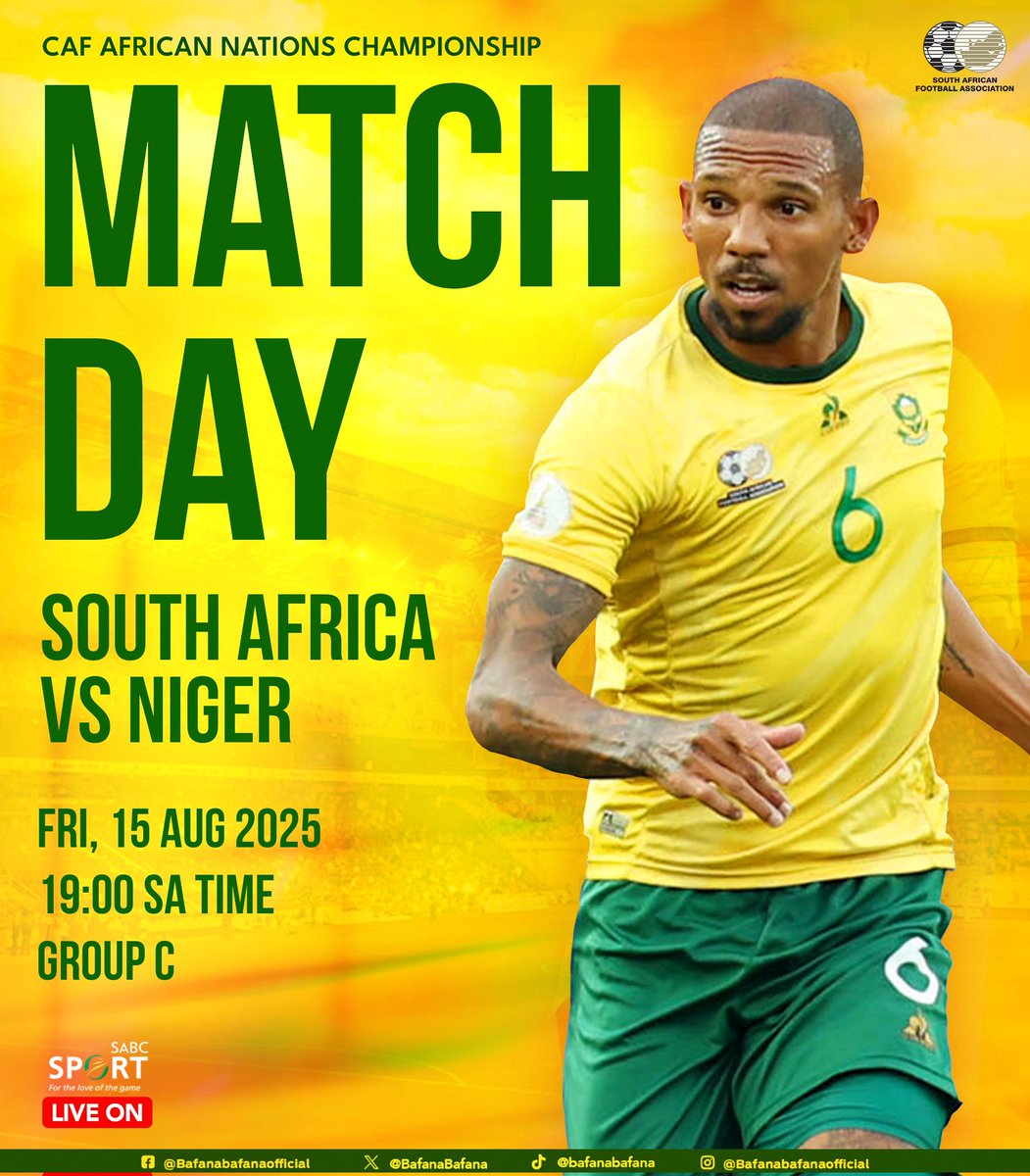 BafanaBafana's tweet image. 🚨MATCH DAY🚨

CAF African Nations Championship 
Group C

⚽️ South Africa 🇿🇦 vs 🇳🇪 Niger
🗓 15 August 2025
⏰️ 19h00 (SA time)
🏟  Mandela National Stadium, Kampala 
📺 SABC Sport