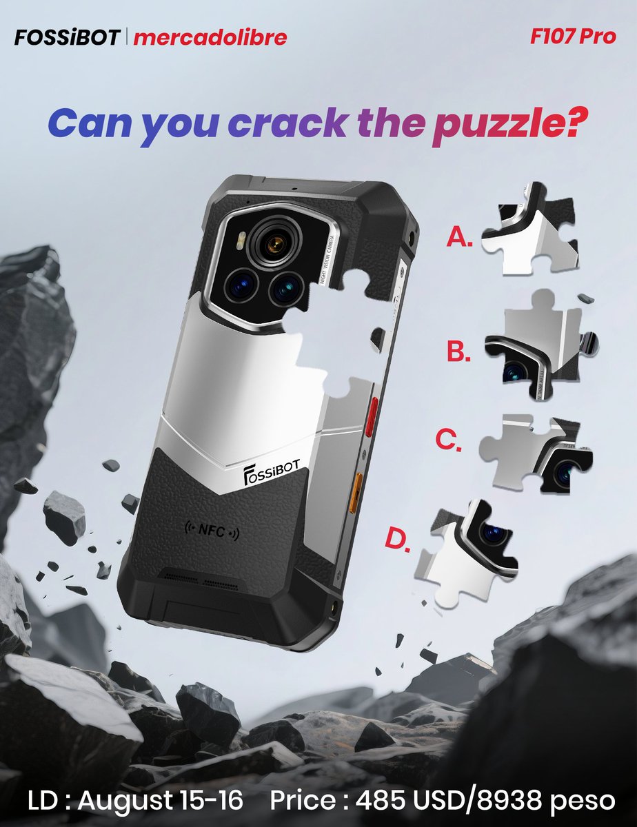 FossibotTech's tweet photo. 🔎 Can you crack the puzzle? 
The world’s 1st starlight night vision rugged beast — FOSSiBOT F107 Pro 🦾
 Which piece is it? A/B/C/D? ⏳ Aug 15–16, 14:00–22:00 (MX time) 
🛒 https://t.co/27EWVioQAN 
#FOSSiBOT #F107Pro #GuessThePiece #NightVision #mercadolibre https://t.co/5ll08QNDH6