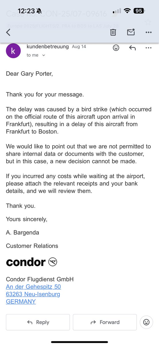 garebeardcl's tweet photo. @Condor_America @Condor @CondorCares @lufthansa @Lufthansa_USA @CNN @cnni @FoxNews @MSNBC @Europarl_EN Please see the conversation I had with Condor Airlines regarding flight DE2038 on July 28th from Frankfurt to Boston. I submitted a claim under EU Regulation 261/2004 https://t.co/LWmYGLkmQ2