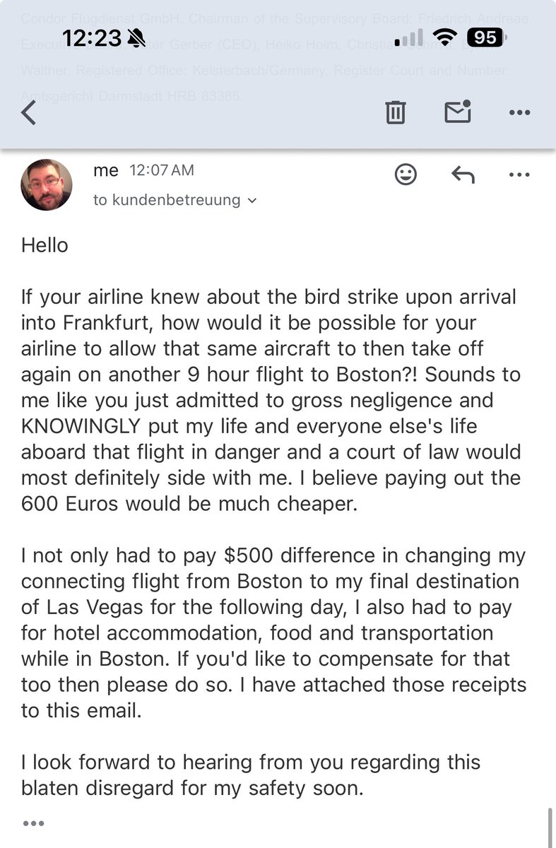 garebeardcl's tweet photo. @Condor_America @Condor @CondorCares @lufthansa @Lufthansa_USA @CNN @cnni @FoxNews @MSNBC @Europarl_EN Please see the conversation I had with Condor Airlines regarding flight DE2038 on July 28th from Frankfurt to Boston. I submitted a claim under EU Regulation 261/2004 https://t.co/LWmYGLkmQ2