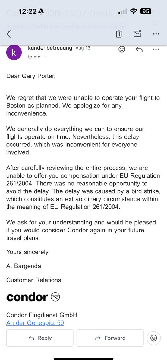 garebeardcl's tweet photo. @Condor_America @Condor @CondorCares @lufthansa @Lufthansa_USA @CNN @cnni @FoxNews @MSNBC @Europarl_EN Please see the conversation I had with Condor Airlines regarding flight DE2038 on July 28th from Frankfurt to Boston. I submitted a claim under EU Regulation 261/2004 https://t.co/LWmYGLkmQ2
